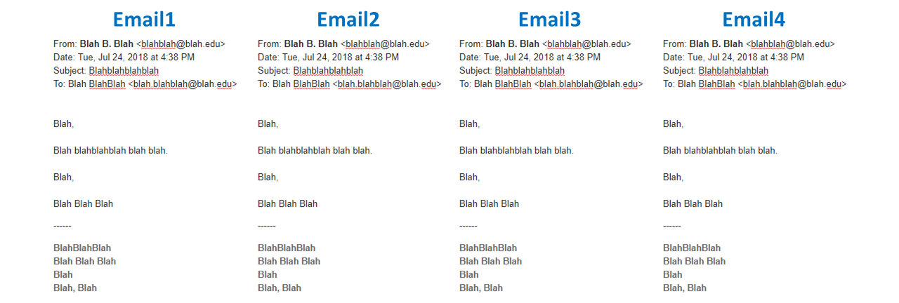 When data are acquired, they don’t always arrive in a structure that is amenable for subsequent analysis or visualization. For example, the data from these four emails are not yet structured in neat rows and columns.