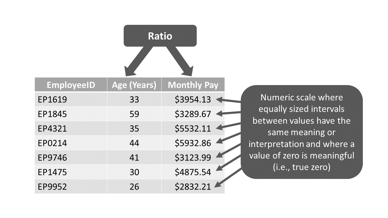 The Age and Monthly Pay variables (i.e., columns) contain examples of ratio measurement scales, as each variable has a numeric scale in which equally sized intervals between values have the same meaning or interpretation; in addition, both variables have a meaningful or true zero, where zero implies the absence of whatever is being measured.